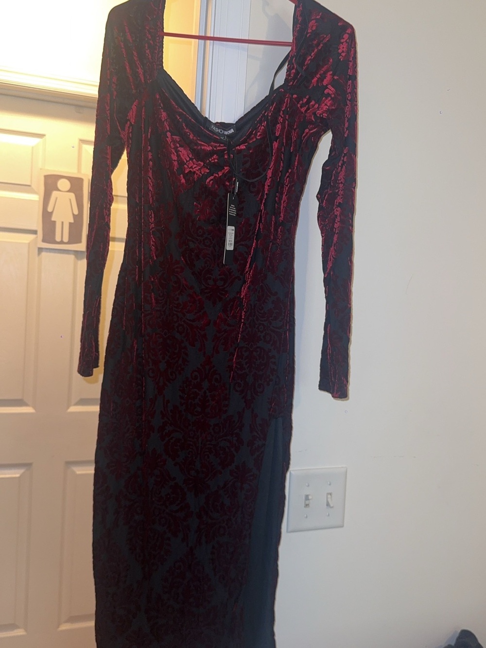 Fashion Nova Red & Black Velvet Burnout Long Sleeve Midi Dress
